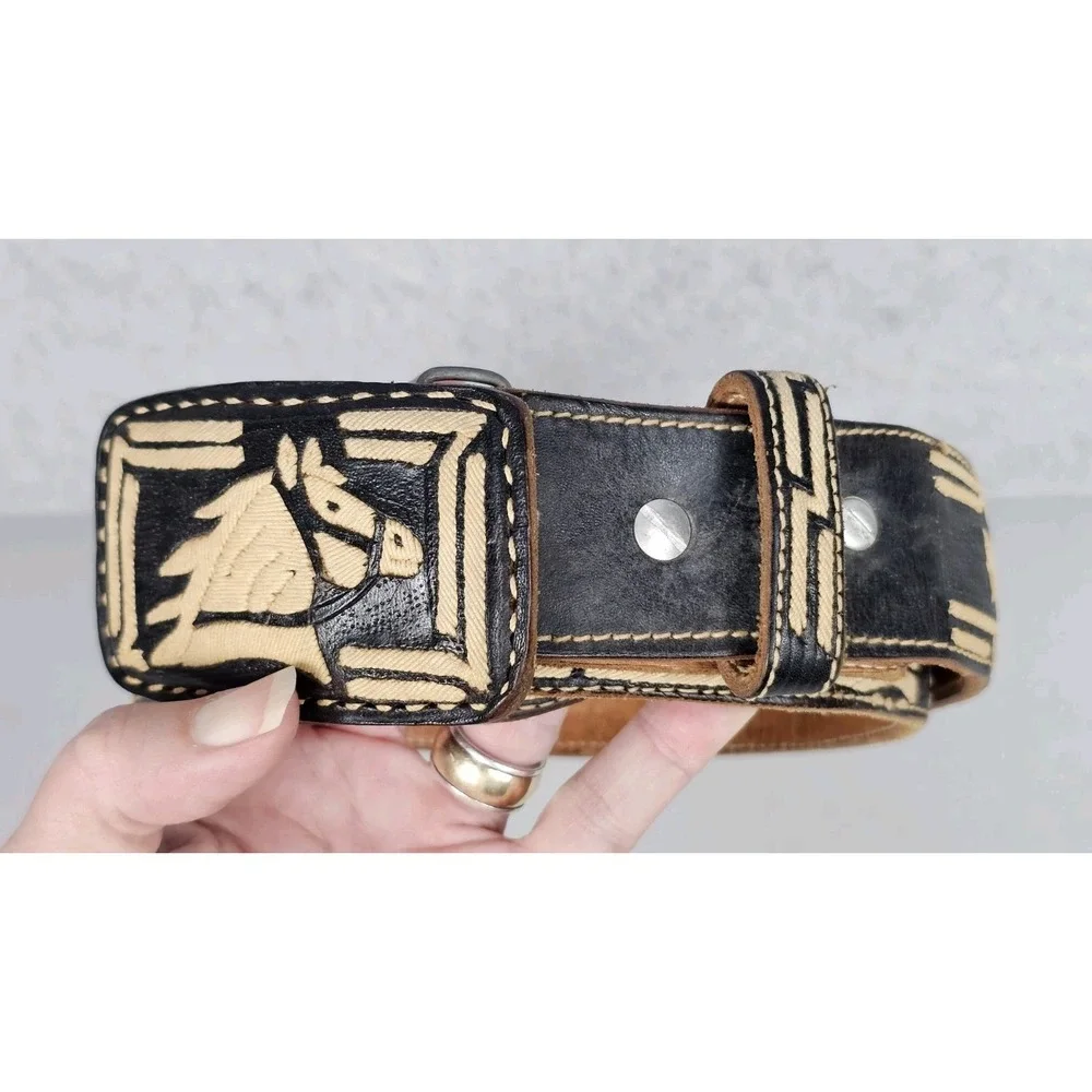 Mexican Cinto Piteado Belt Horse Black Sz 36 Leather Embroidery